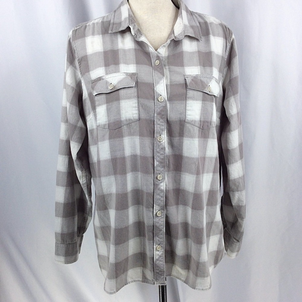 Eddie Bauer Plaid Top Women's Size XL Gray White Long Sleeve Button Down